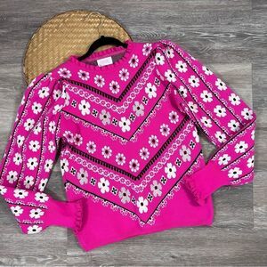 Savida pink retro floral printed sweater puff sleeve‎